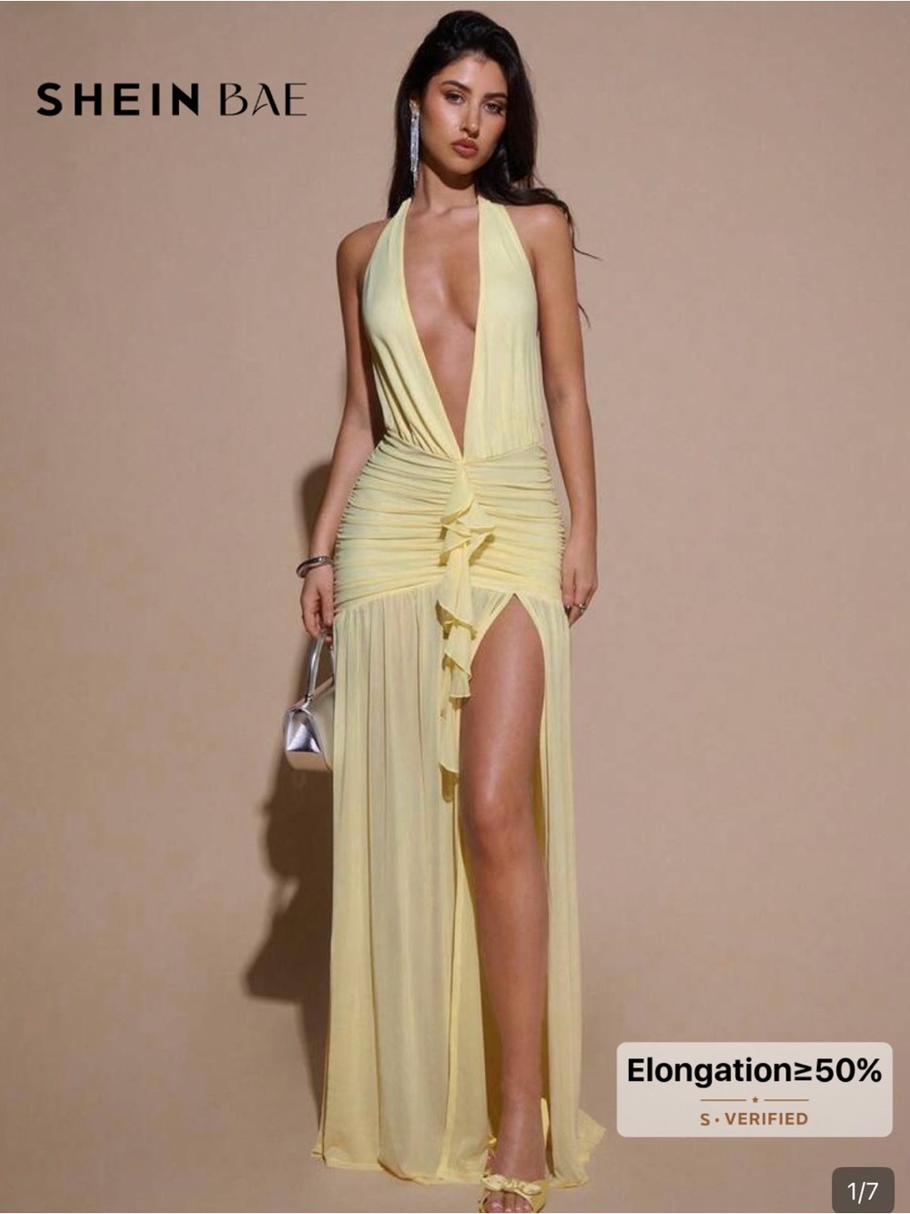 SHEIN Pale Yellow Plunge Halter Ruffle Maxi Dress